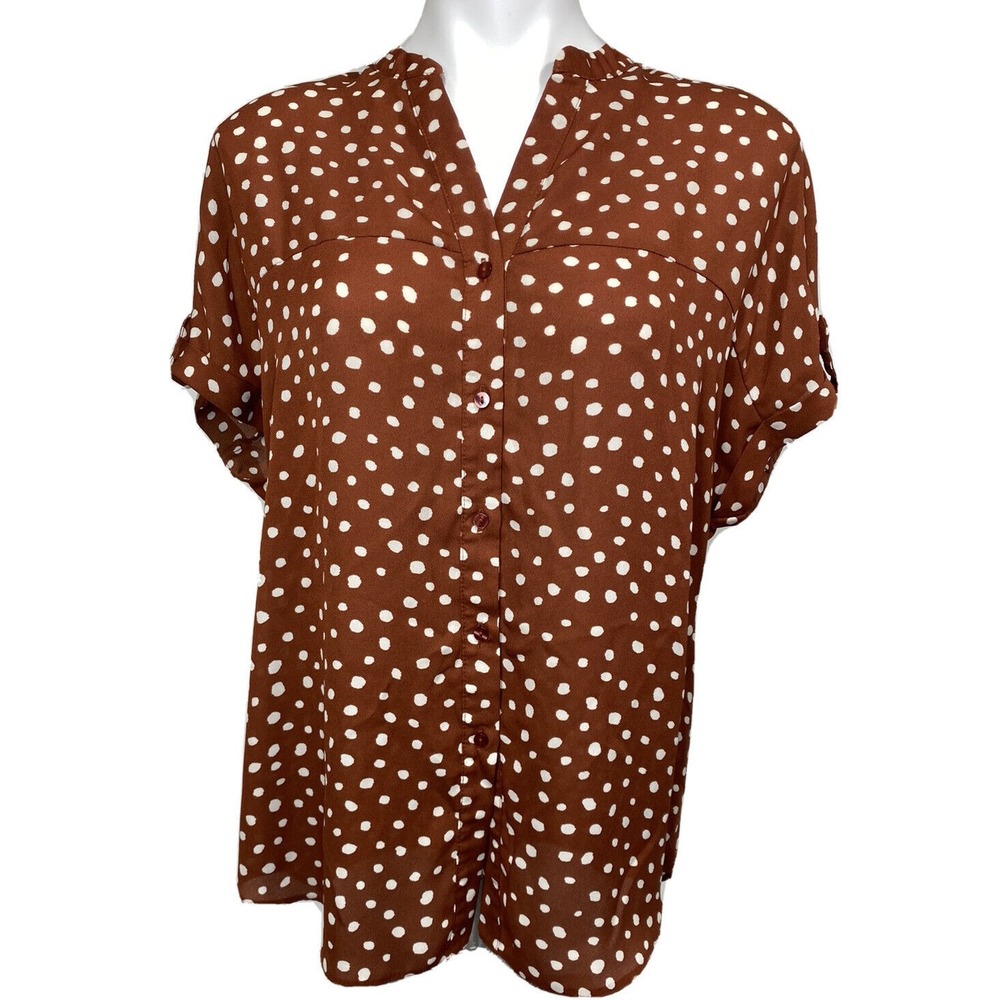 Primark Shirt Womens 10 Brown White Polka Dot Cottagecore Casual Button Top